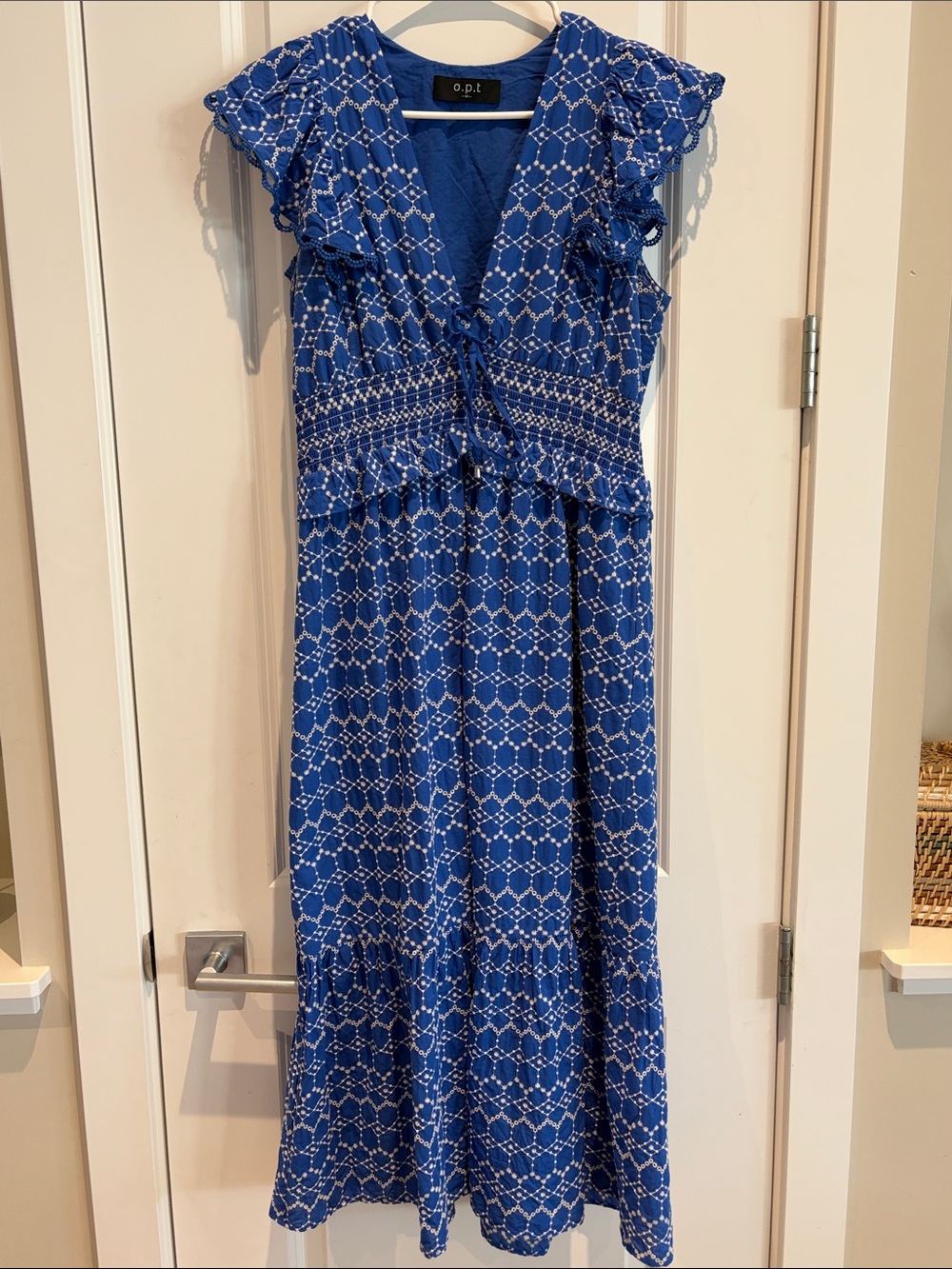 o.p.t. Blue Printed Maxi Dress with Ruffle Sleeves